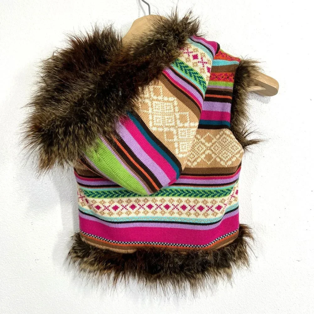 GapKids Medium Multi Color Knit sweater Vest  Fux Fur lining & hoodie‎ Tribal